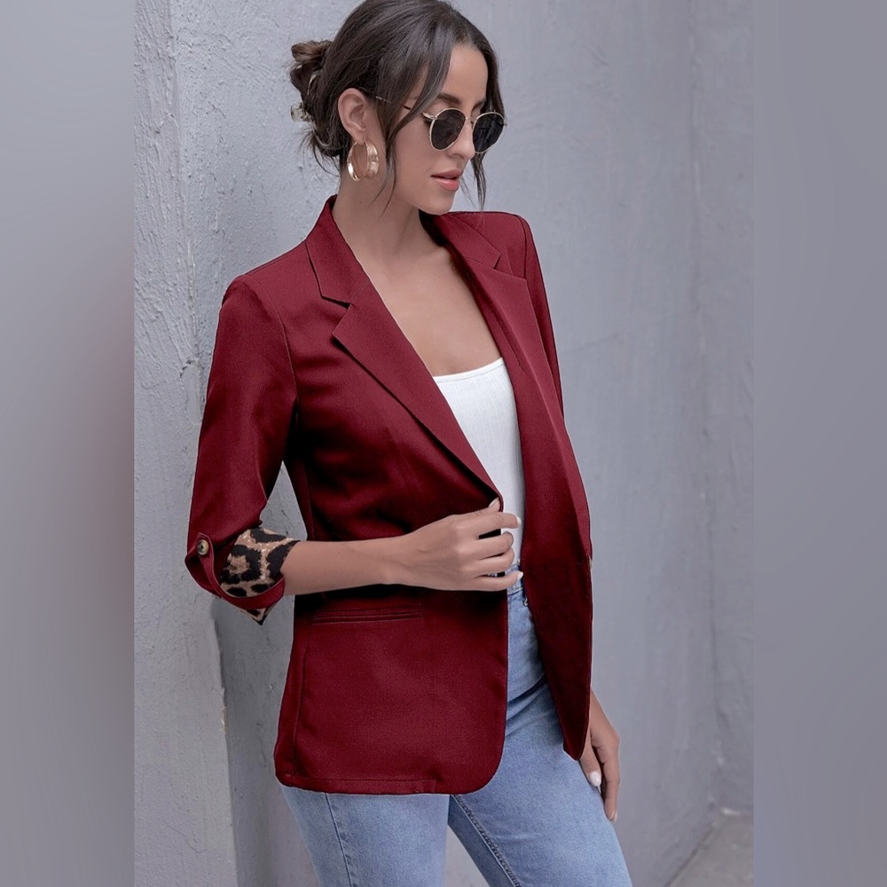 Womens Burgundy one button Blazer 3/4 rollup sleeves leopard print cuffs Size XL